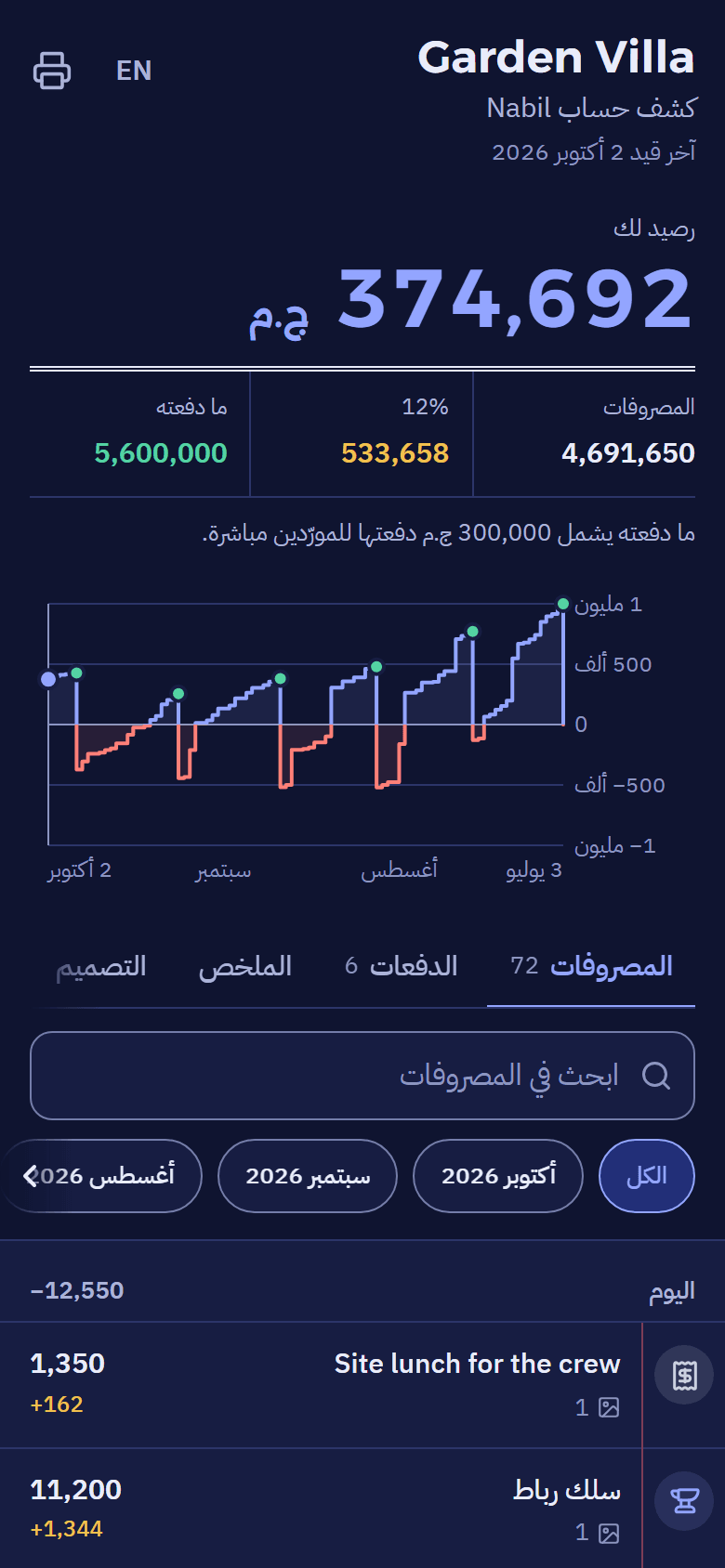 كشف الحساب على موبايل العميل.