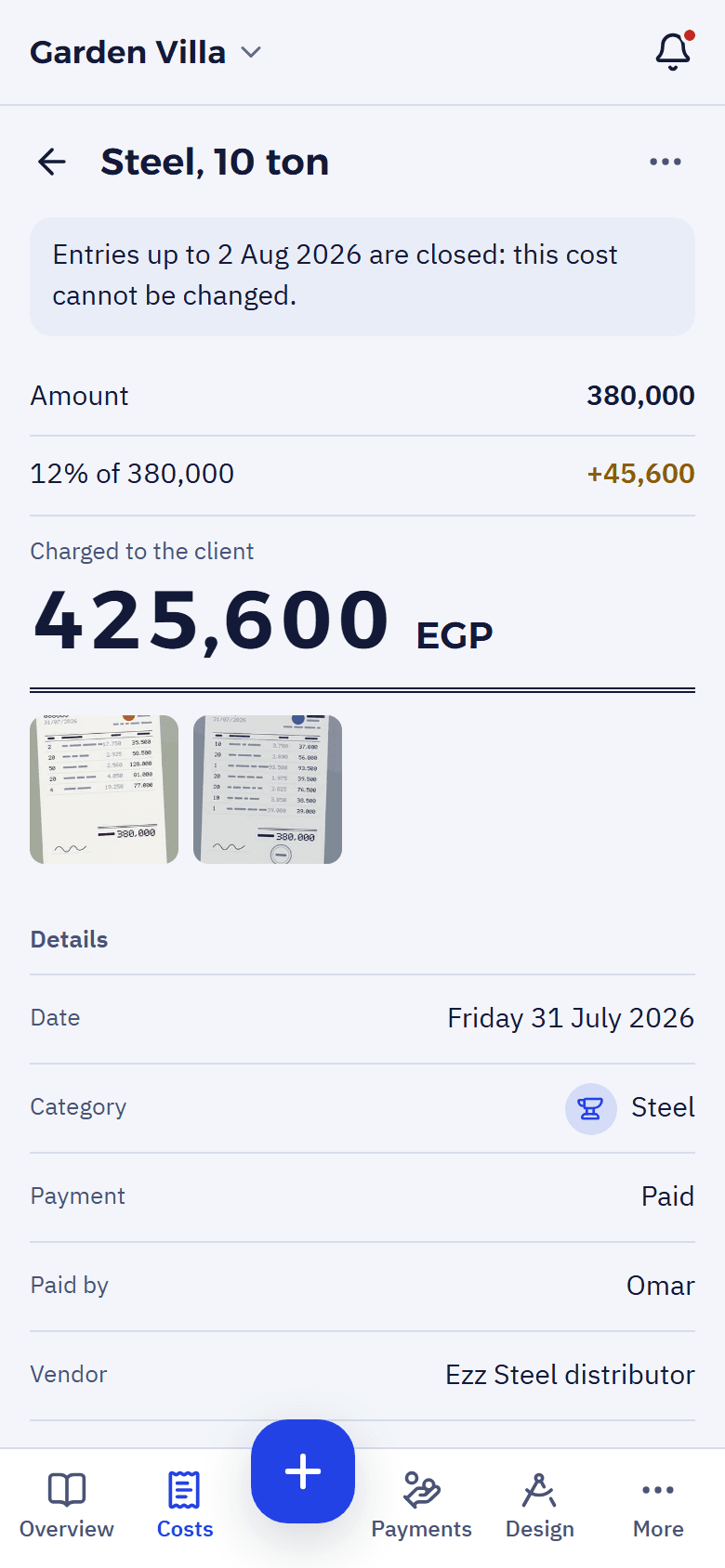 The cost “Steel, 10 ton”: 380,000 plus 12% = 45,600, charged to the client 425,600, with two invoice photos.