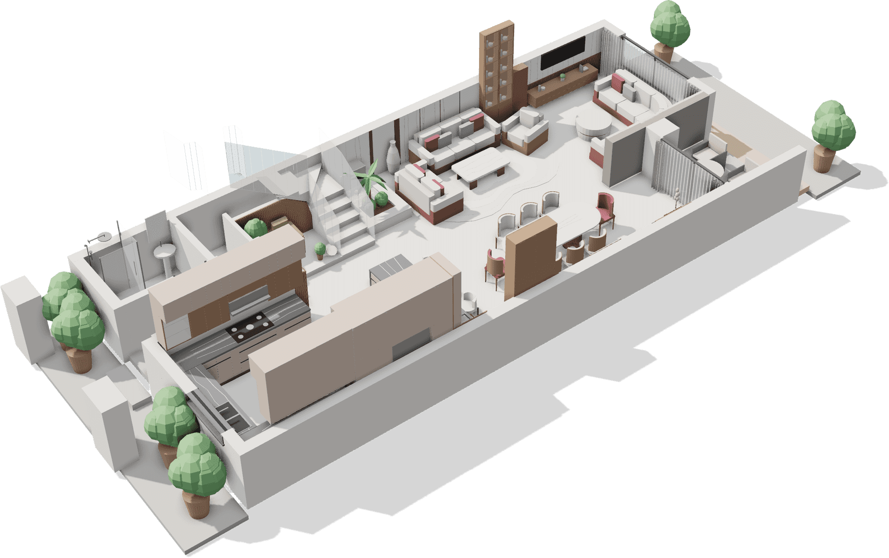 The ground floor of a villa as a 3D model in RoomViz Studio, cut open to show the living room, dining and kitchen.