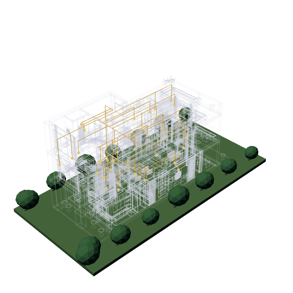 The villa as a ghost, with the lighting circuits and points on every floor.