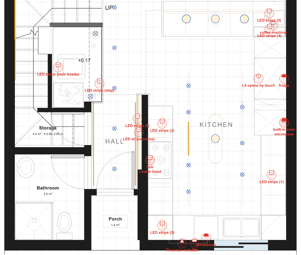 Electrical plan of the kitchen, hall and dining: light points in blue, and in red what needs power and has no point yet.