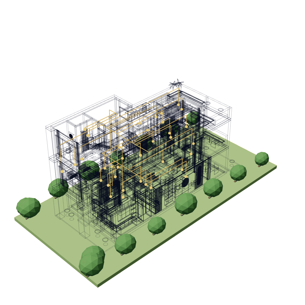 The villa as a ghost, with the lighting circuits and points on every floor.