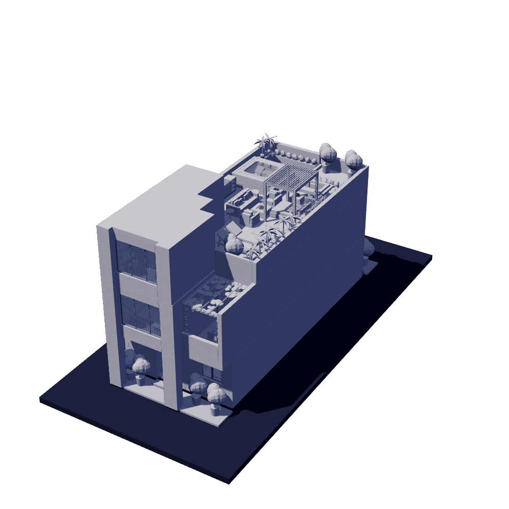 A three-storey villa as a white model on its base.