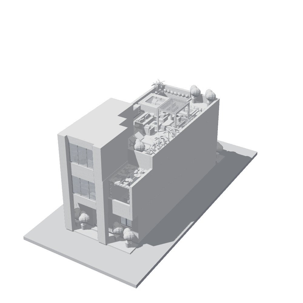 A three-storey villa as a white model on its base.
