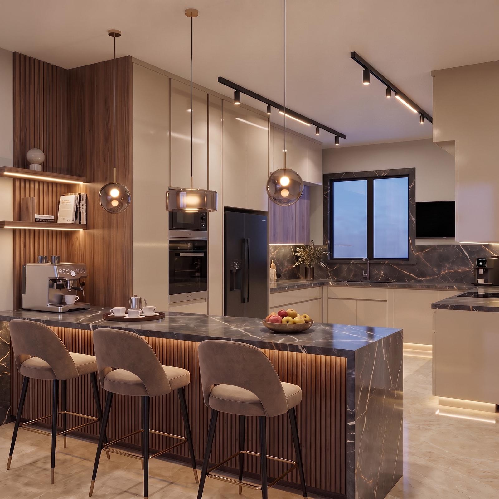 The render made from the same capture: the kitchen in walnut and dark marble, lit.