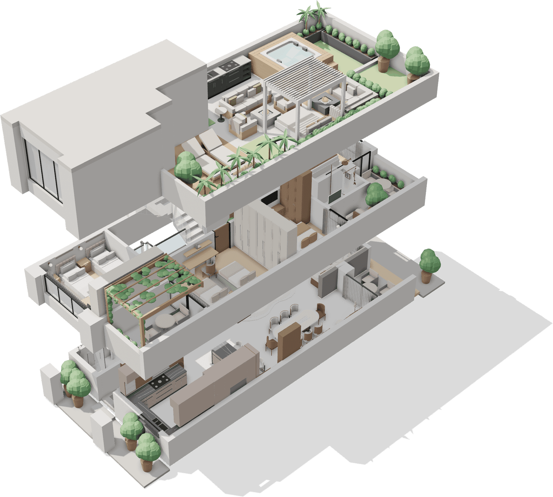 The three levels of a villa lifted apart.