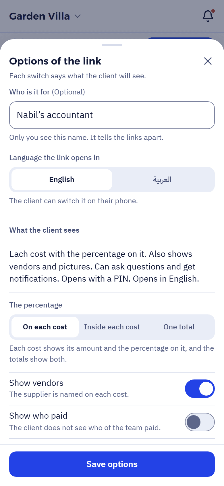 The client link’s options: each switch says what the client will see.