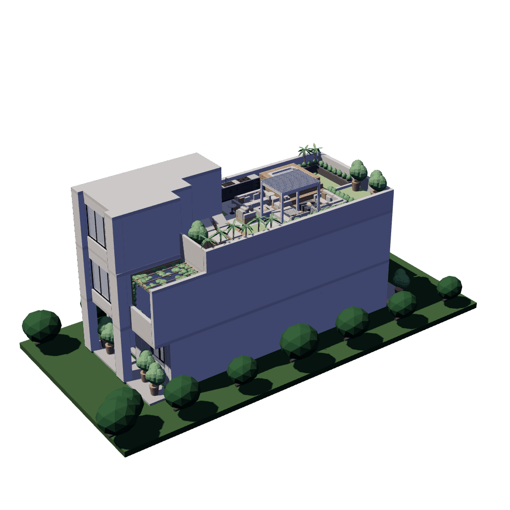 The villa in its finishes, with its garden and trees around it.