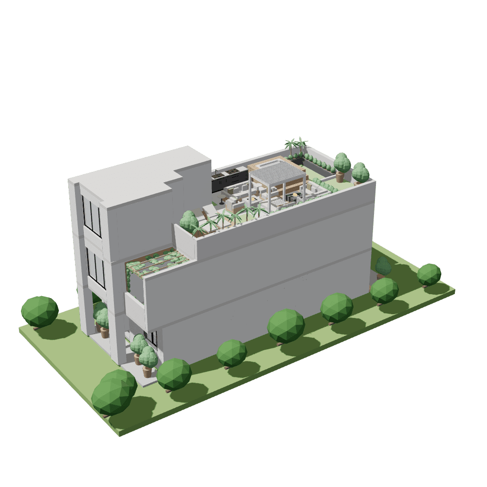 The villa in its finishes, with its garden and trees around it.