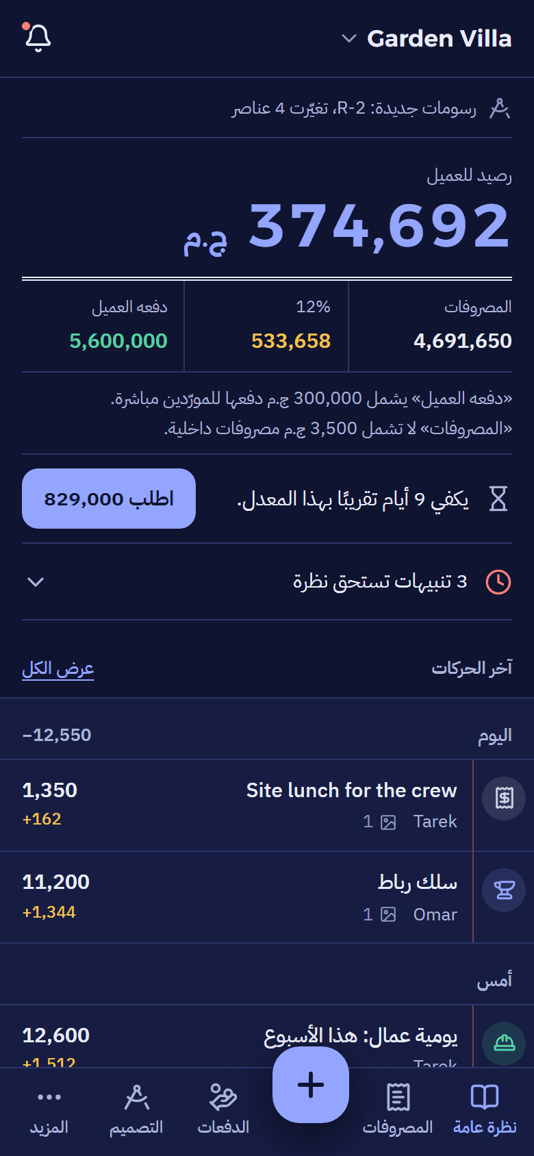 نظرة عامة: رصيد للعميل 374,692 ج.م، والمصروفات والنسبة وما دفعه العميل.