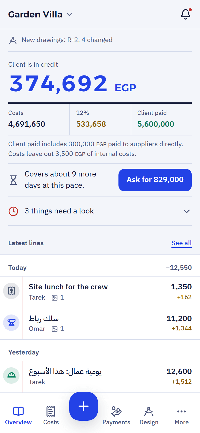Overview: the client is in credit 374,692 EGP, with costs, percentage and what the client paid.