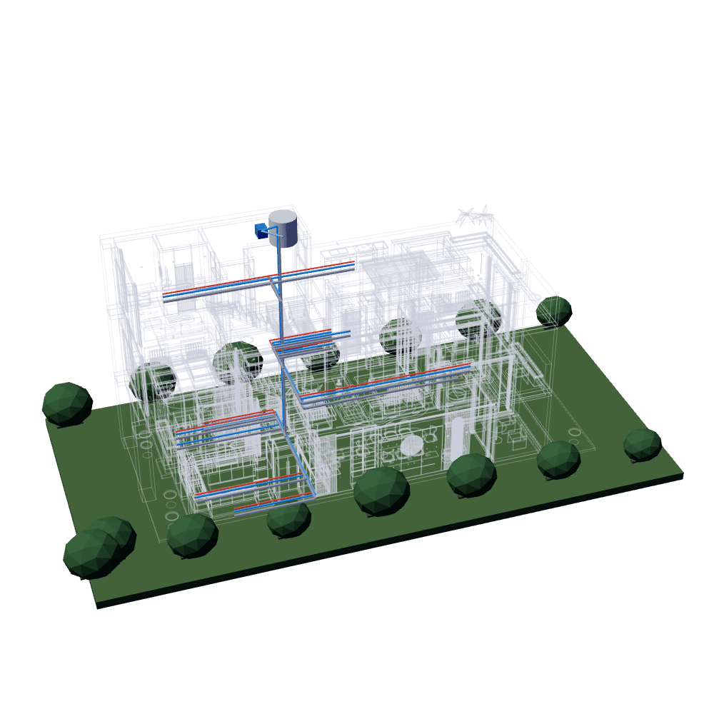 A tank and pump on the roof, cold and hot water pipes and the drain stack.