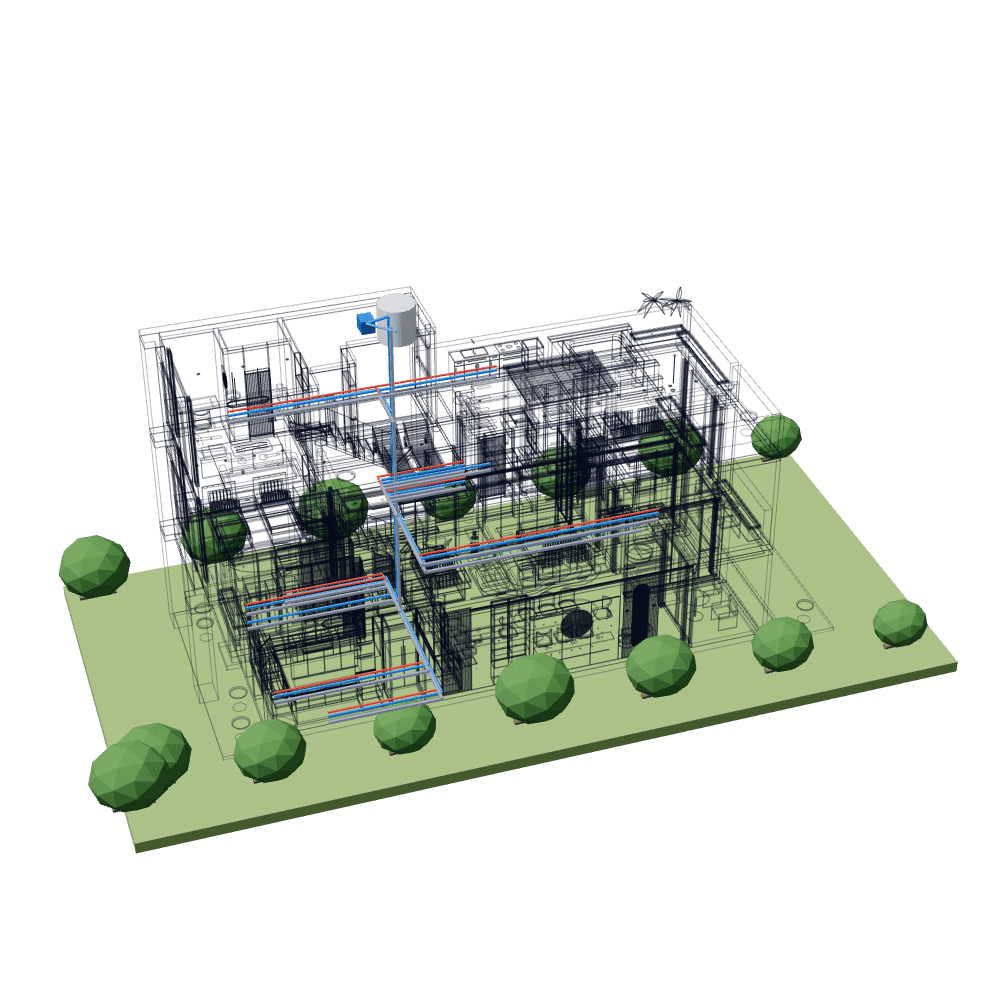A tank and pump on the roof, cold and hot water pipes and the drain stack.