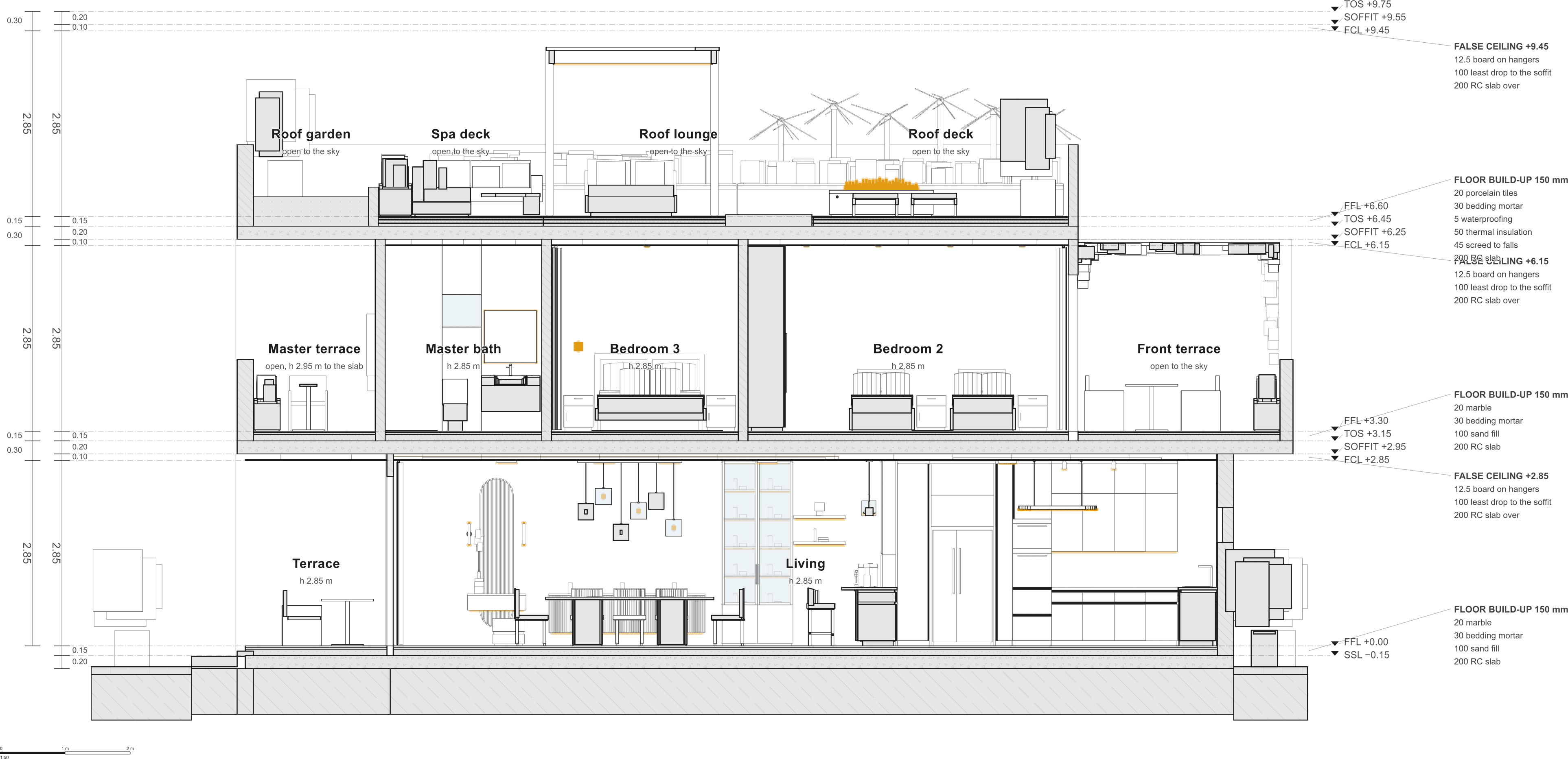 Section A through a villa: three storeys with their levels, floor build-ups and ceilings.