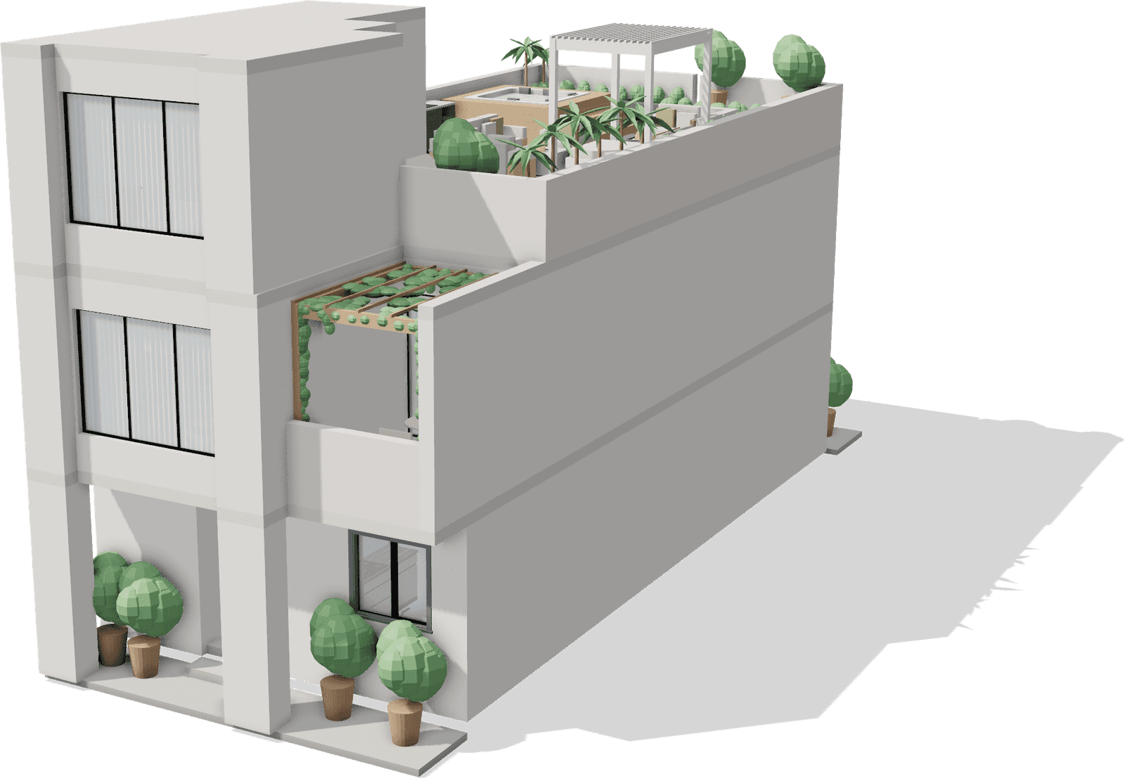 A villa from outside in RoomViz Studio: three storeys and a roof garden.